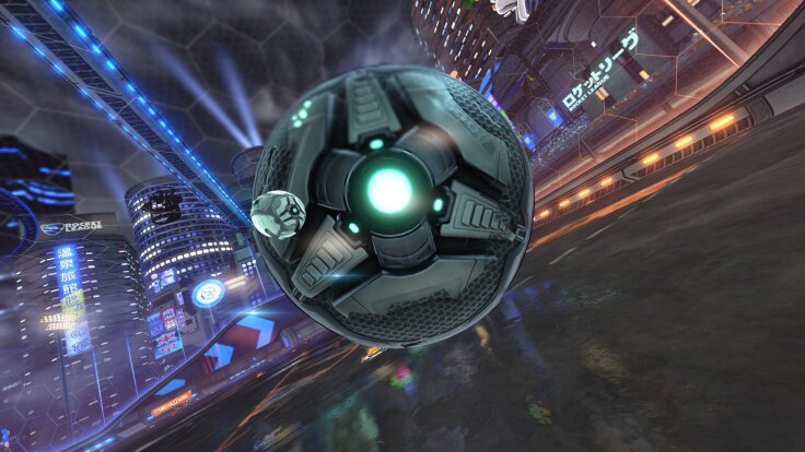 Screenshot from Rocket League. The ball is in the foreground but rendering behind a decorative ball in the distant background as part of the environment.